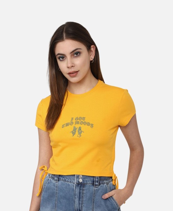 Forever 21 Women Yellow Round Neck Short Sleeves Top